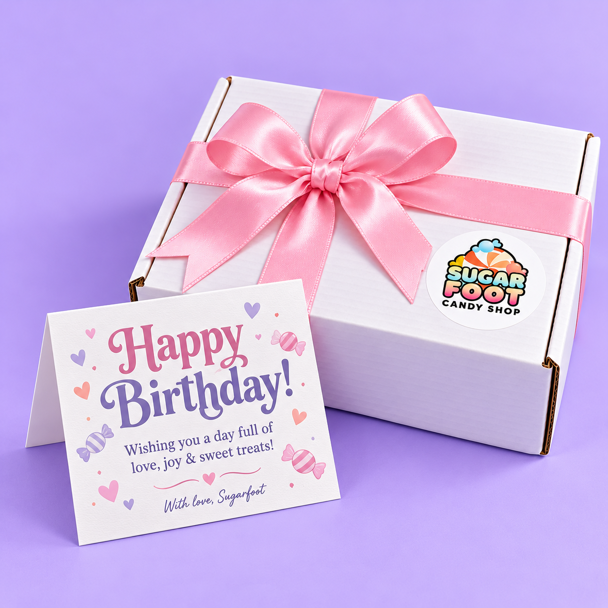Closed Sugarfoot Birthday Candy Box with pink satin ribbon bow and Happy Birthday greeting card on a lavender background