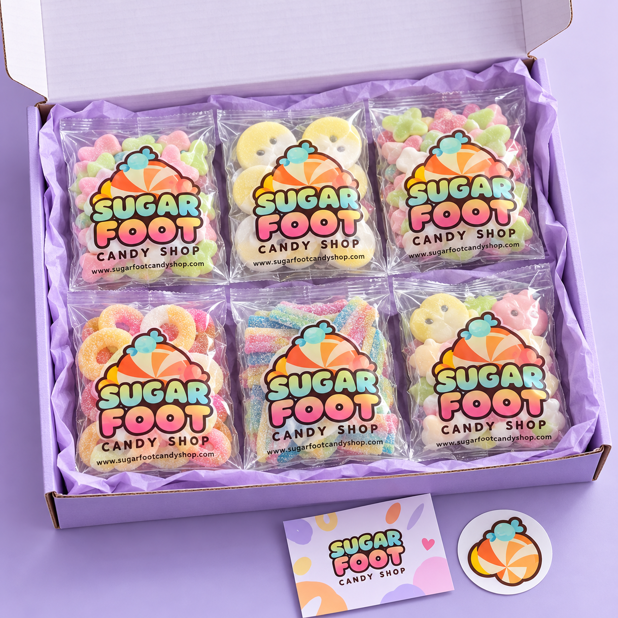 Open Sugarfoot Mini Box with six flat transparent 4 oz candy bags